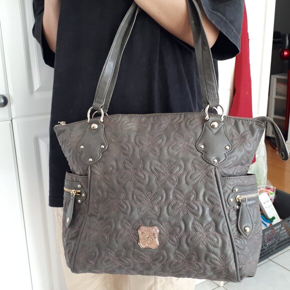 Anna Sui BUtterfly Embossed Leather Satchel Shoulder Bag Dark Brown - Picture 1 of 5